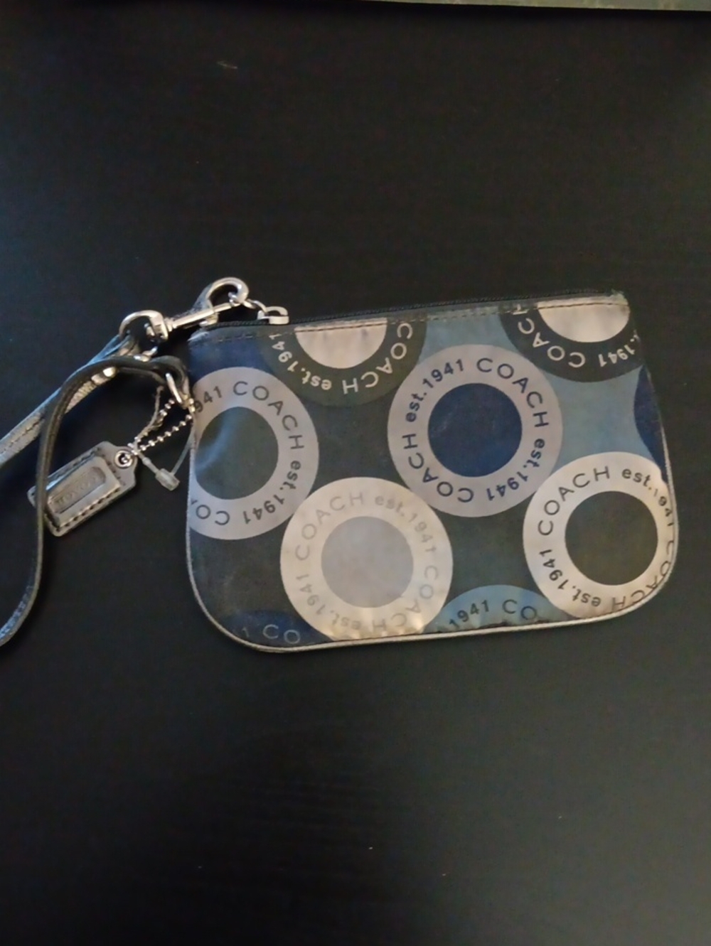 Coach Blue and Silver Circle Logo Wristlet